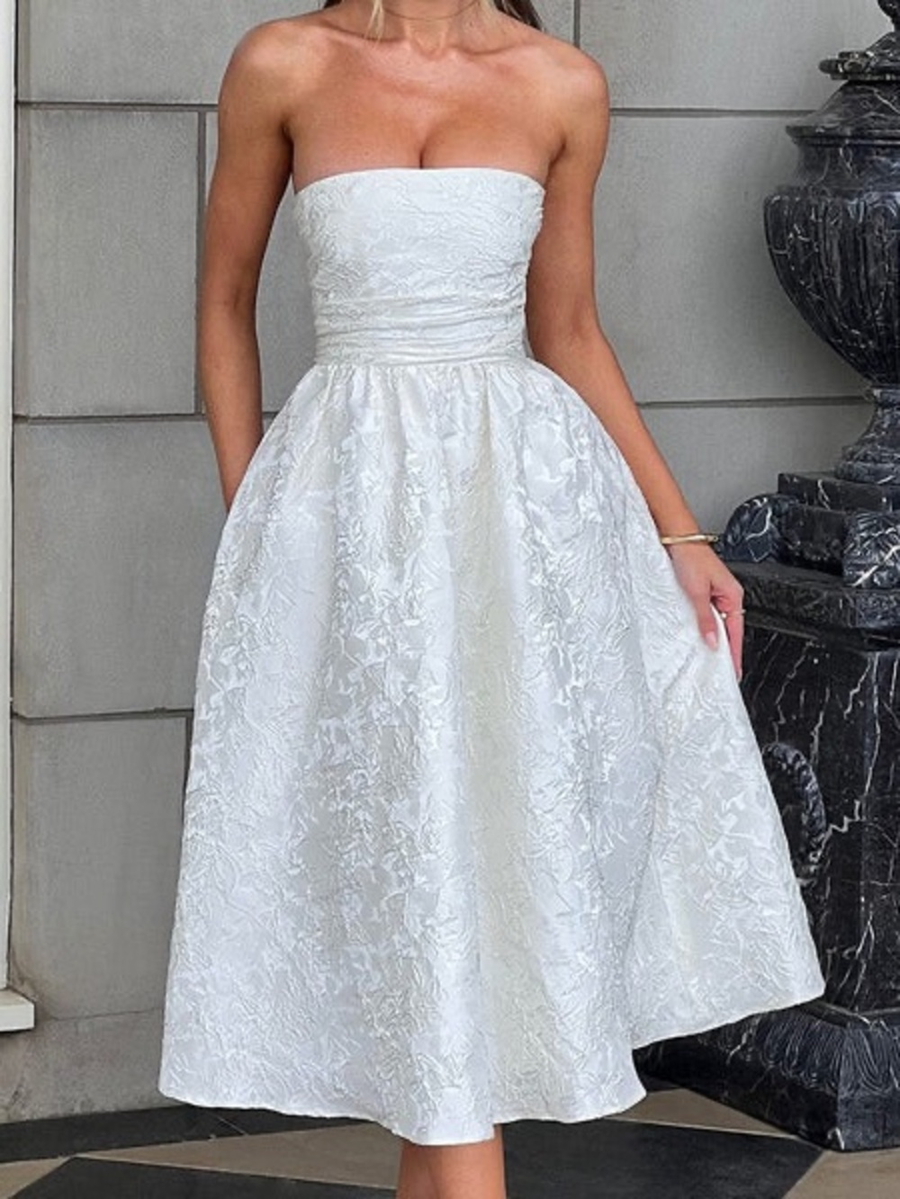 Strapless White Midi Dress